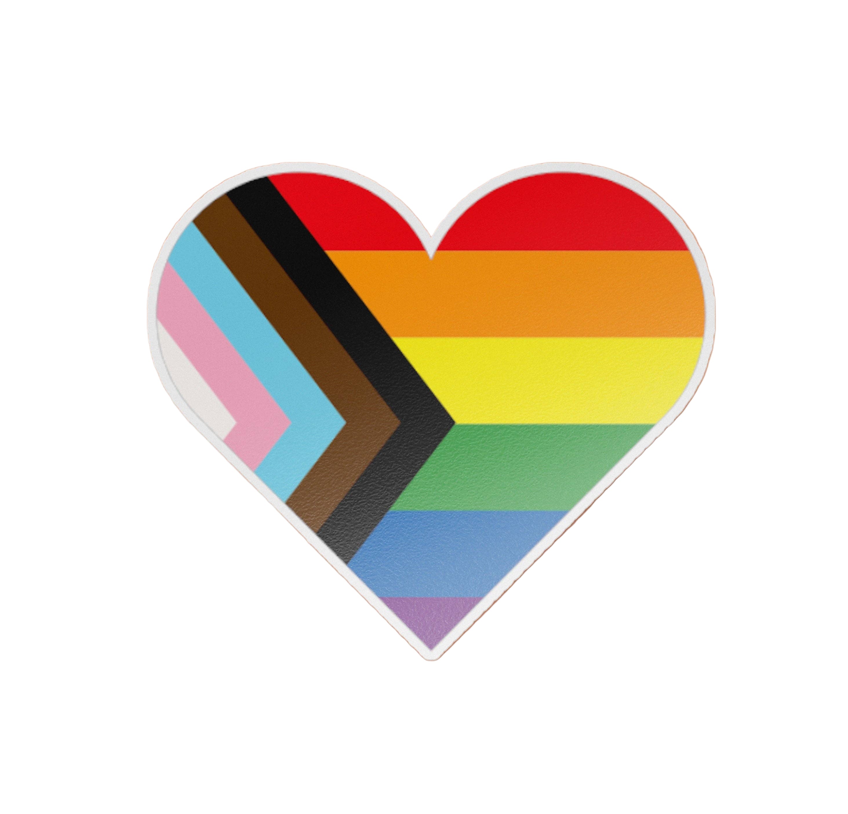 Heart-shaped sticker with rainbow color pattern on a brown background