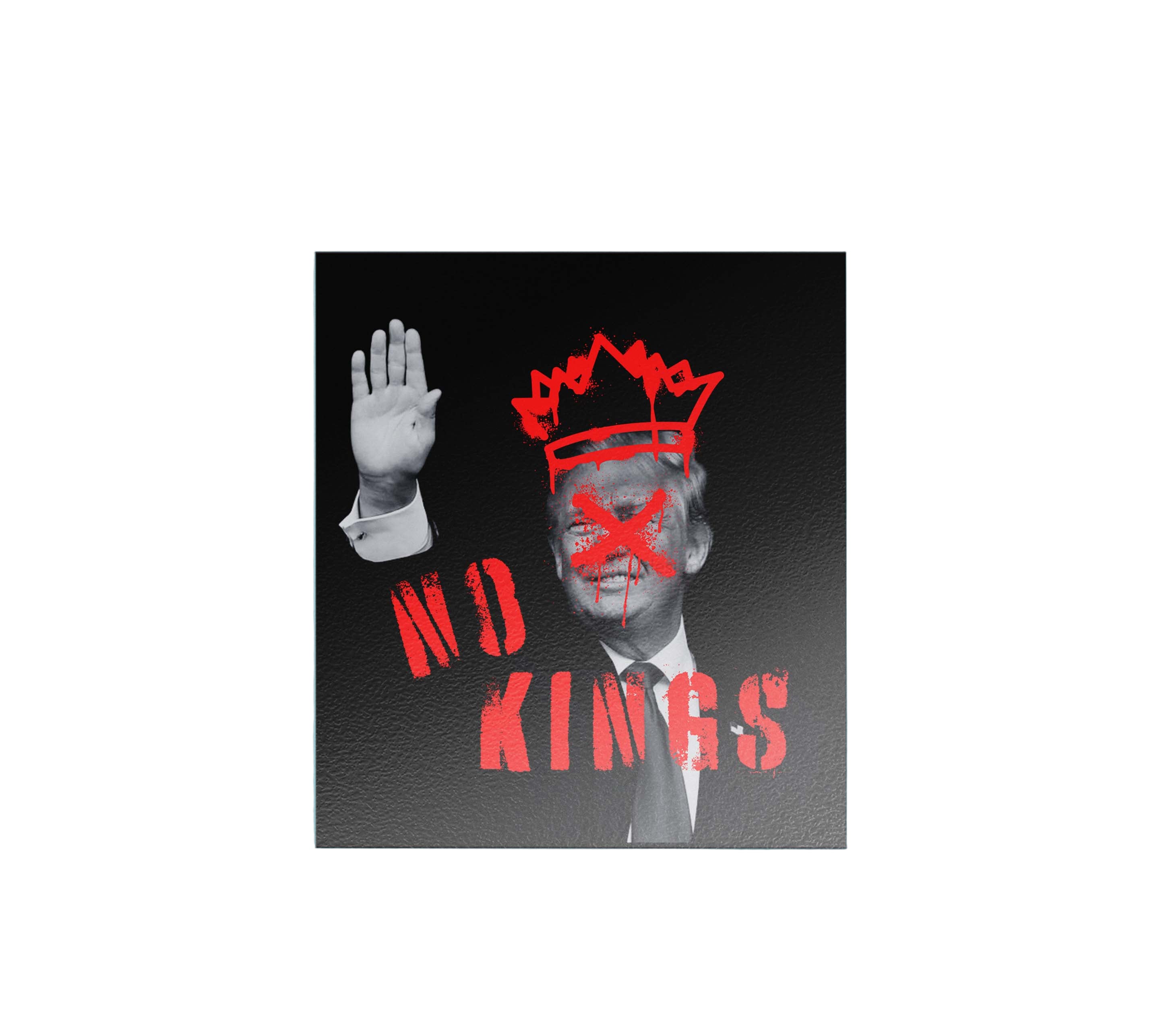 Artistic depiction of a figure with 'No Kings' text on a blue background